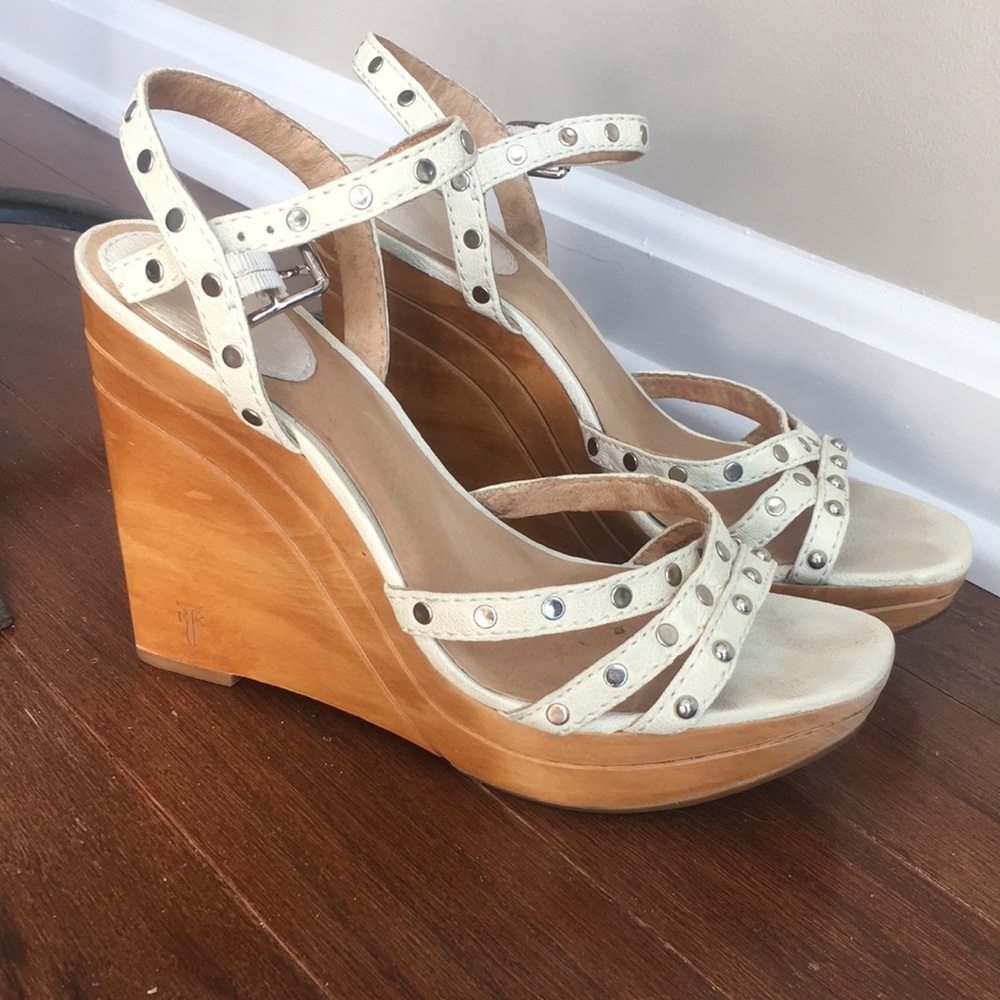 Frye Bridget Studded wooden wedge sandals.